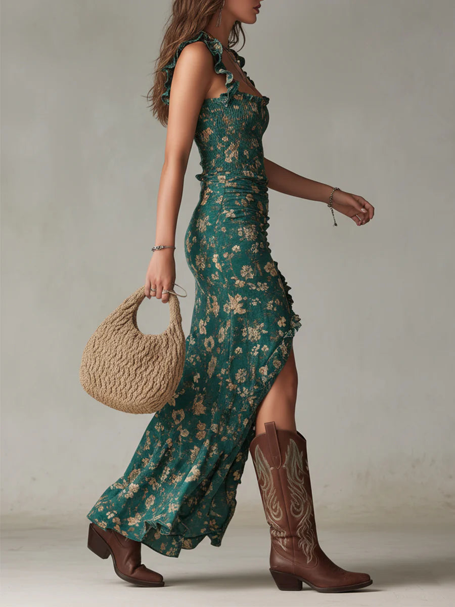 Calla | Robe Maxi Imprimée Verte Bohémienne