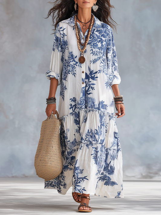 Robe Maxi Boutonnée Florale Bleue Bohème
