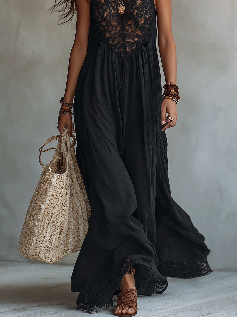 Robe Maxi Élégante Bohémienne Sans Manches en Tissu Drapé Doux
