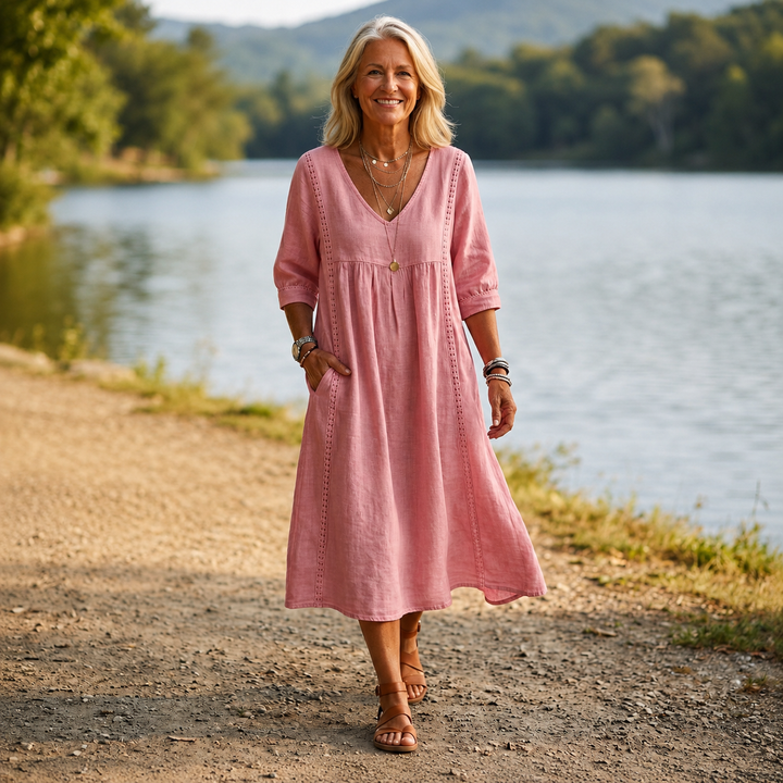Carmen | Robe Maxi Élégante Légère avec Manches 3/4 Ruchées