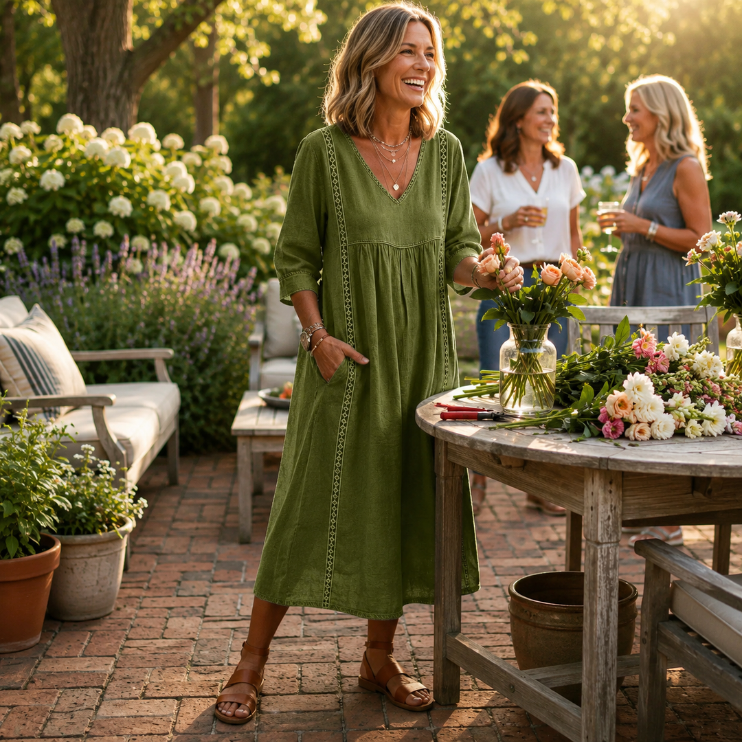 Carmen | Robe Maxi Élégante Légère avec Manches 3/4 Ruchées