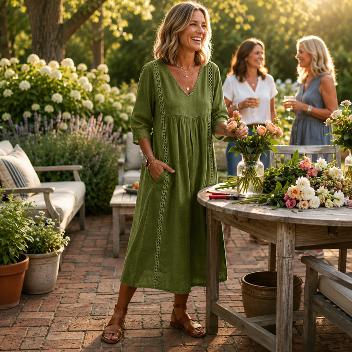 Carmen | Robe Maxi Élégante Légère avec Manches 3/4 Ruchées