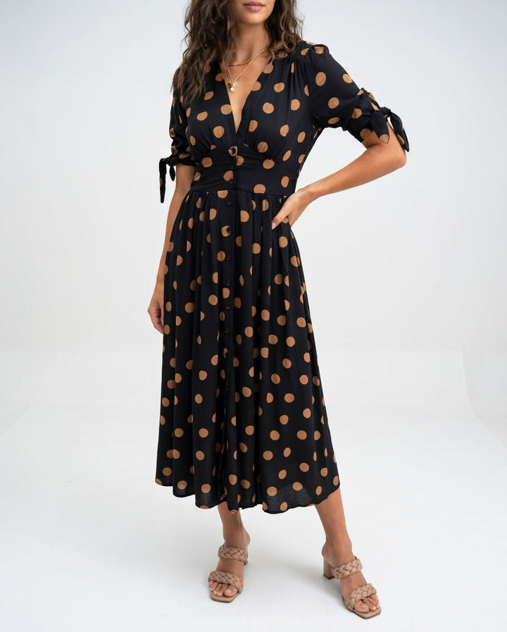 Clarisse™ — Robe Midi à Pois Élégante et Naturelle