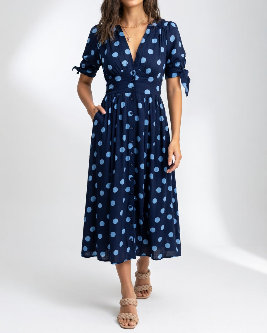 Clarisse™ — Robe Midi à Pois Élégante et Naturelle