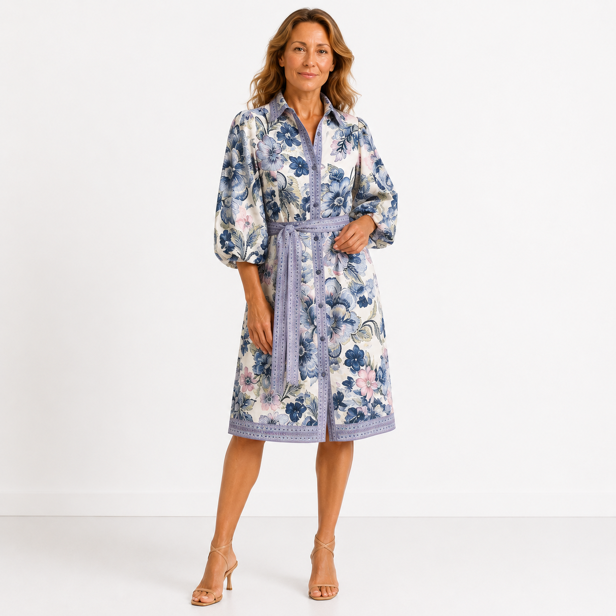 Chantal – Robe chemise fleurie à taille ceinturée