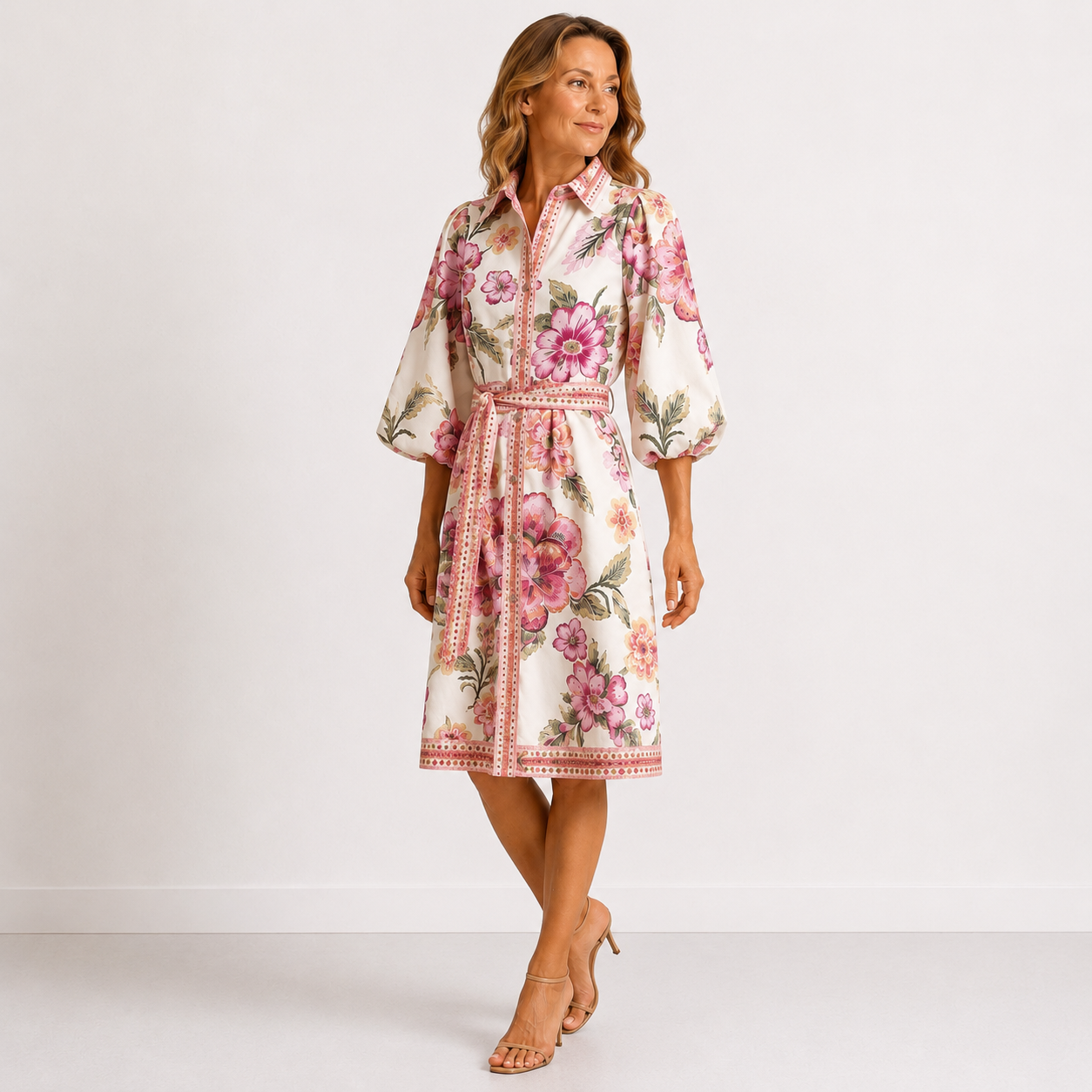 Chantal – Robe chemise fleurie à taille ceinturée