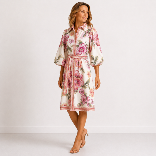 Chantal – Robe chemise fleurie à taille ceinturée