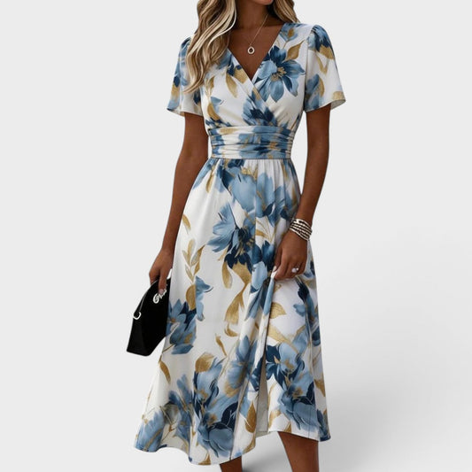 Denise | Robe Midi à Encolure Croisée Fleurie