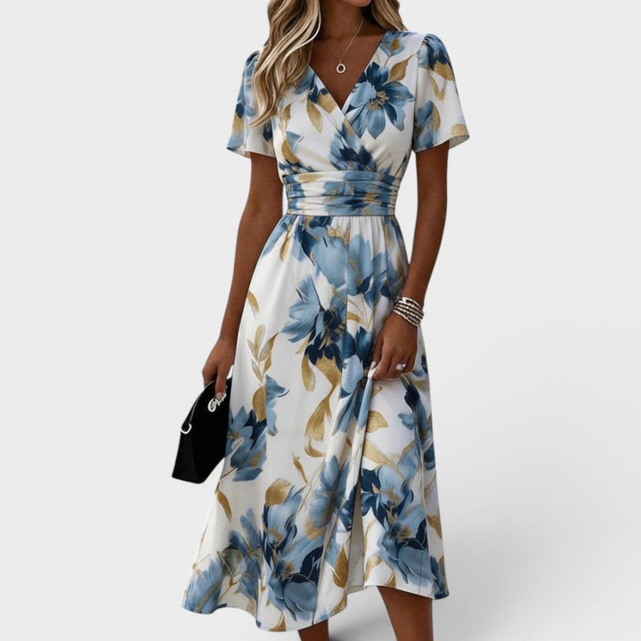 Denise | Robe Midi à Encolure Croisée Fleurie