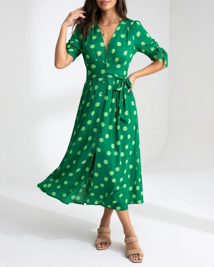 Clarisse™ — Robe Midi à Pois Élégante et Naturelle