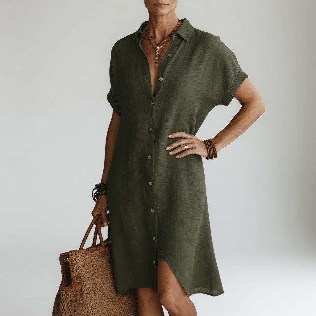 Évanélie™ — Robe Chemise Midi Premium en Tissu Respirant au Style Parisien