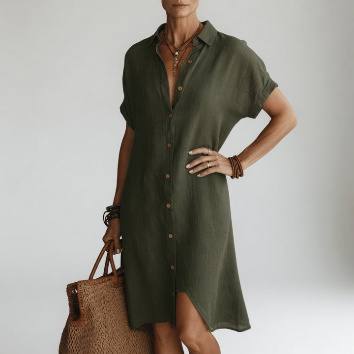 Évanélie™ — Robe Chemise Midi Premium en Tissu Respirant au Style Parisien