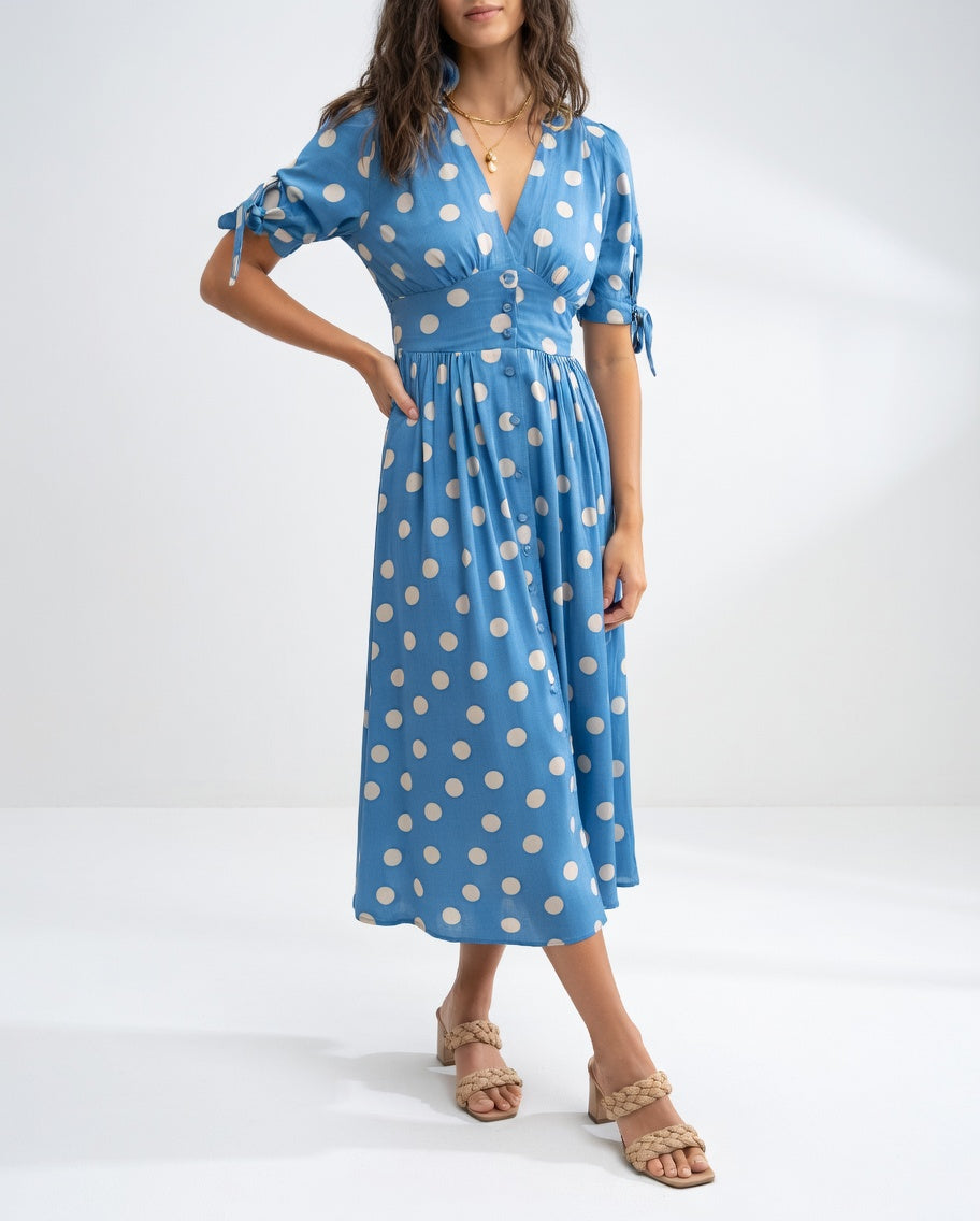 Clarisse™ — Robe Midi à Pois Élégante et Naturelle