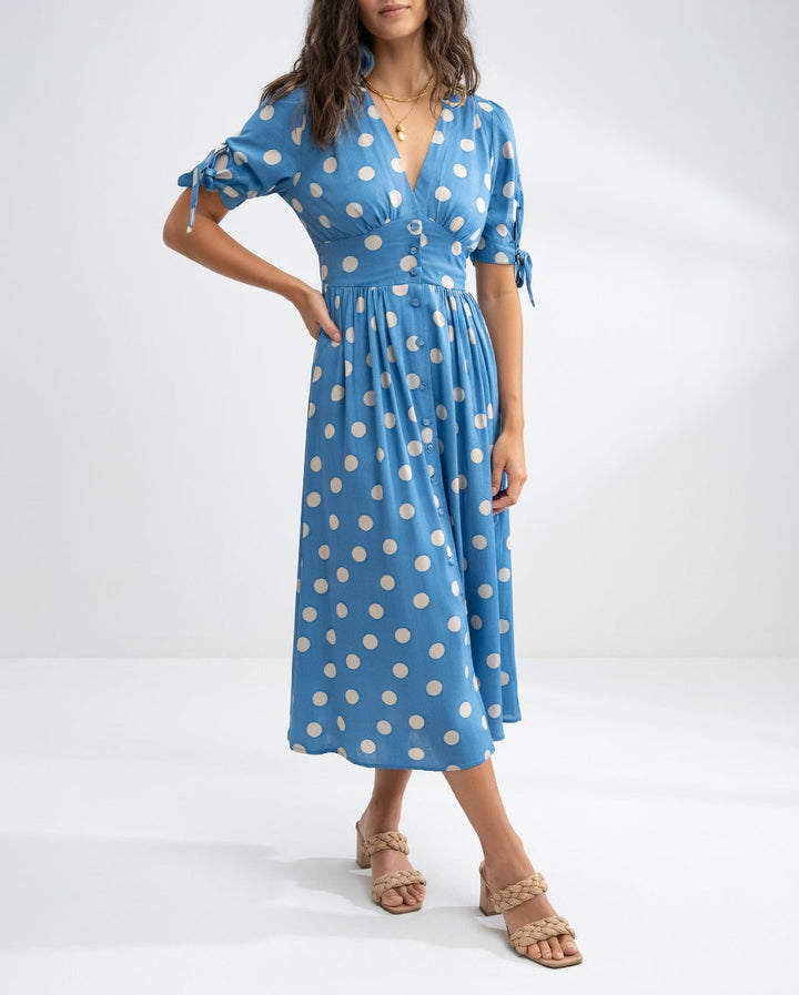 Clarisse™ — Robe Midi à Pois Élégante et Naturelle
