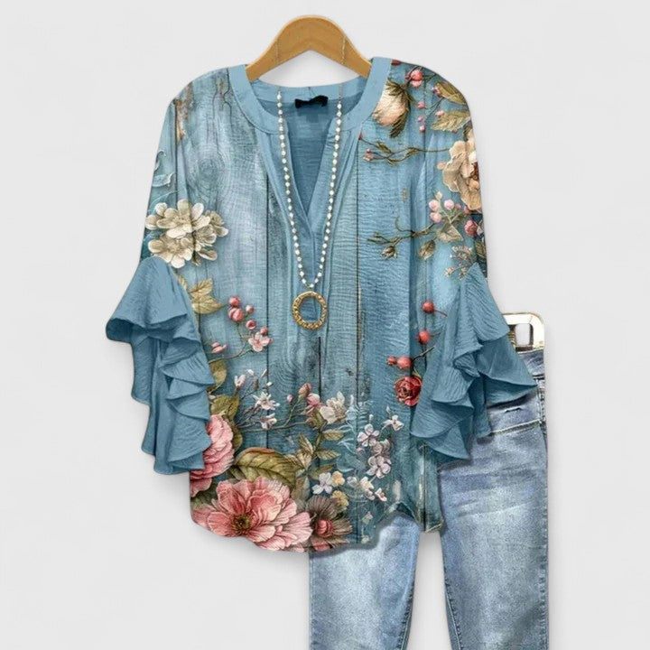 Myravelle - Blouse femme imprimée bohème manches volantées élégantes