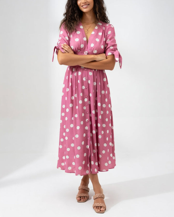 Clarisse™ — Robe Midi à Pois Élégante et Naturelle